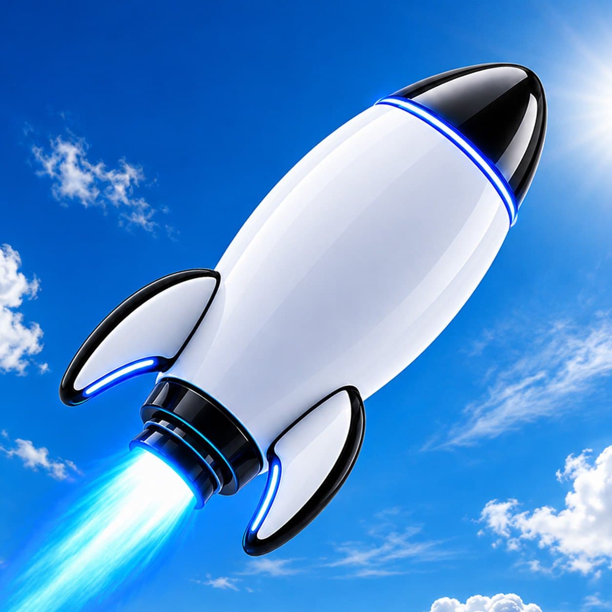 White rocket climbing into a blue sky